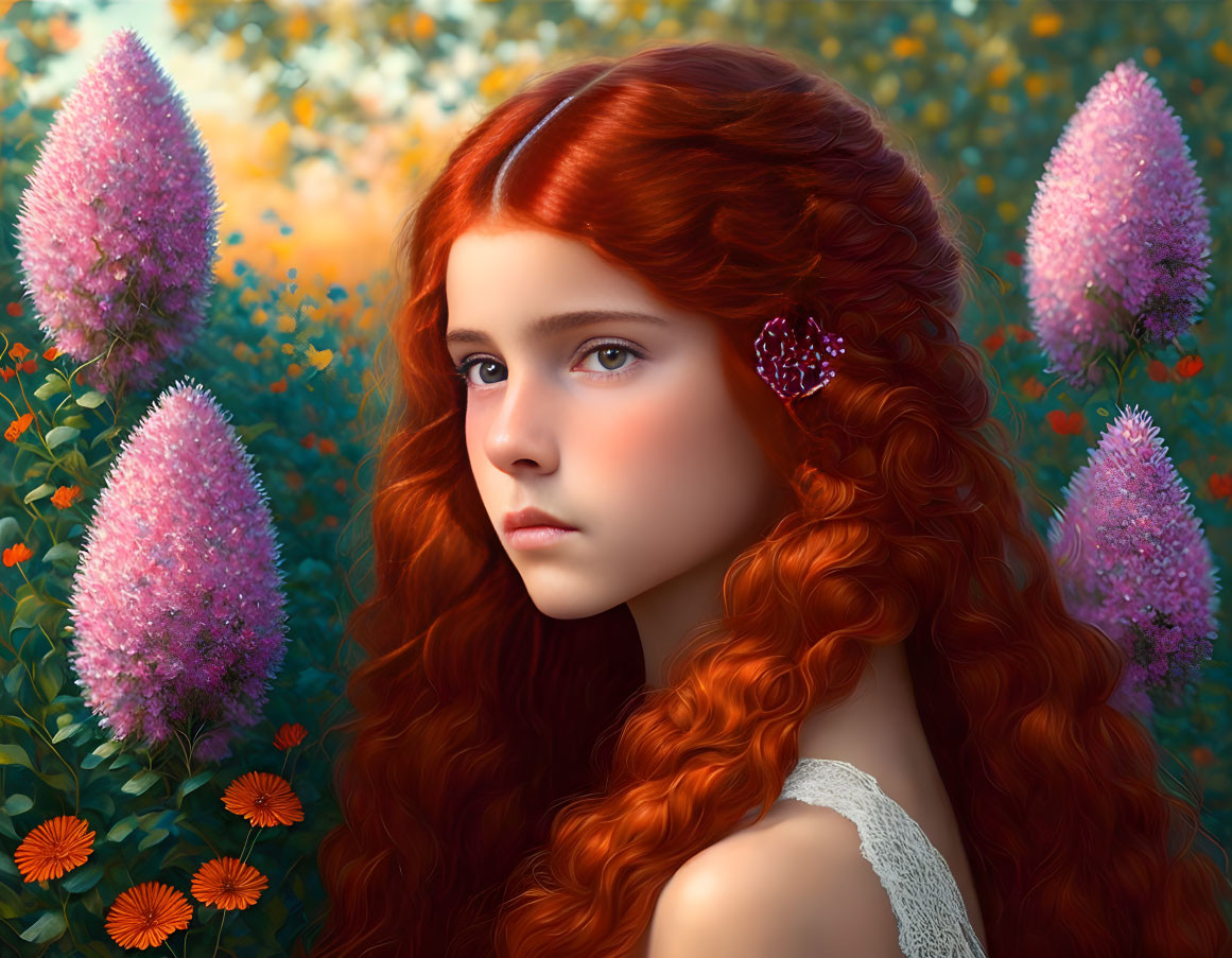 Red-haired girl in purple flower field with flowing hair