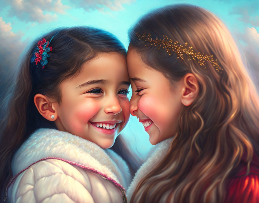 Two smiling young girls in warm jackets, one with red flower clip, the other with golden headband