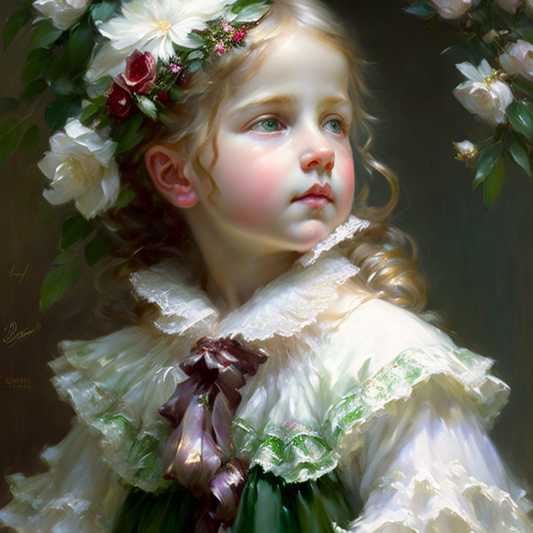 Young girl in floral wreath, vintage white dress, gazing sideways