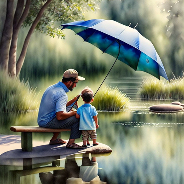 Adult and child fishing on dock under umbrella by calm water and greenery