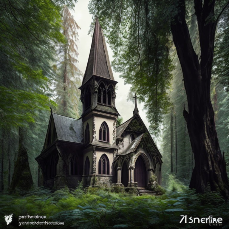 Gothic-style church in misty forest with towering trees