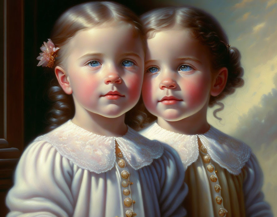 Hyperrealistic Painting: Identical Young Girls in Matching White Dresses