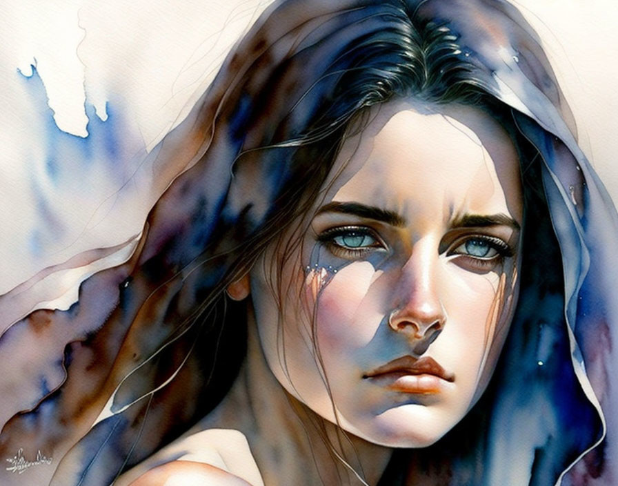 Woman with Blue Eyes Crying in Watercolor