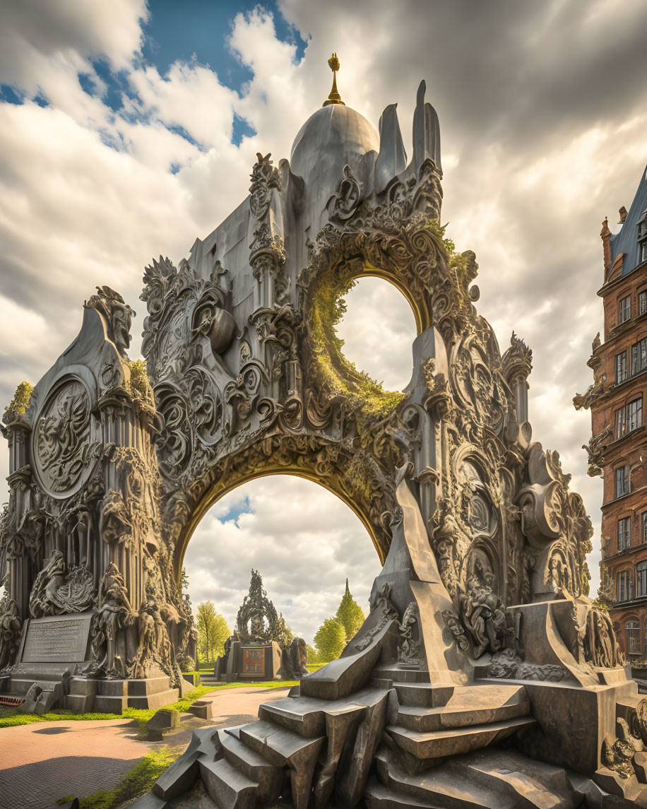 Elaborate stone arch with intricate carvings and sculptures against cloudy sky