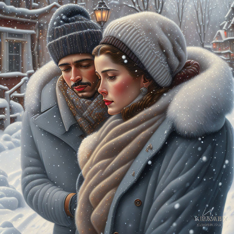 Romantic couple in winter attire embracing in snowy evening