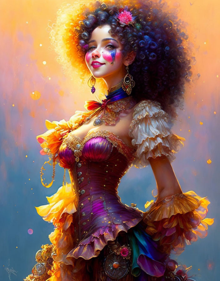 Colorful digital artwork: Woman with curly hair, floral adornments, and whimsical attire on golden