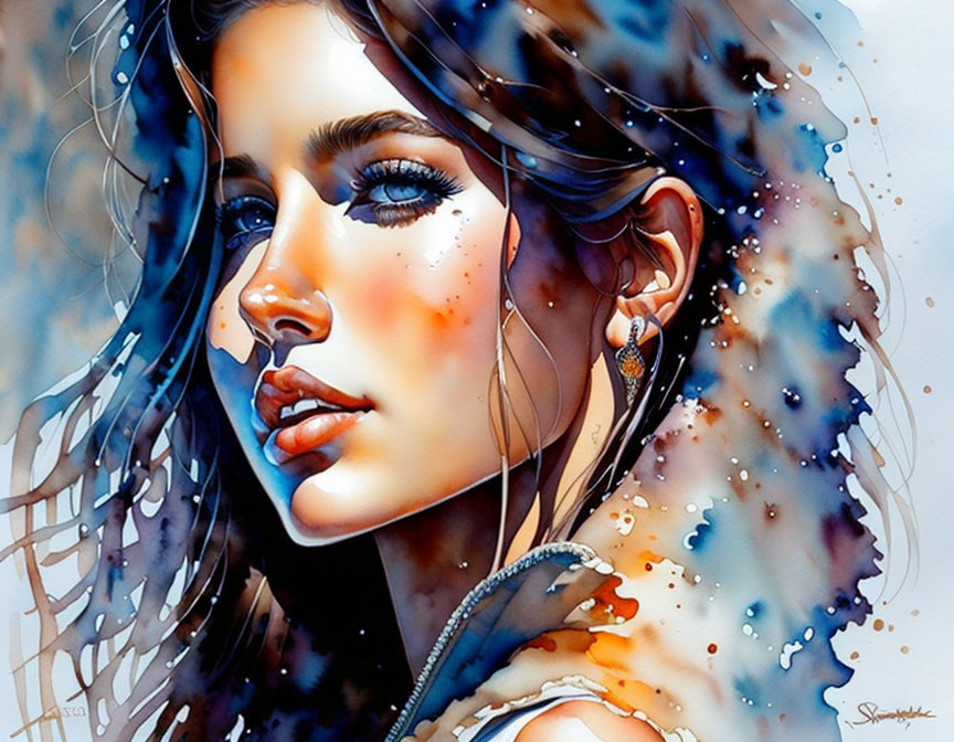 Vibrant watercolor portrait of a woman with blue eyes and freckles