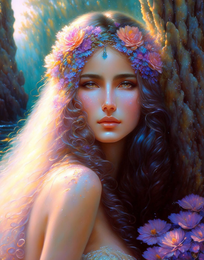 Fantasy woman with floral crown in luminescent forest