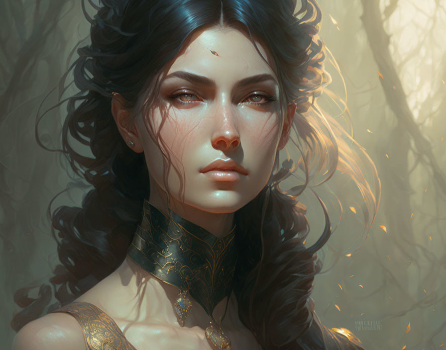 Illustrated portrait of woman with tattoos, golden jewelry, and wavy hair in sunlit forest.