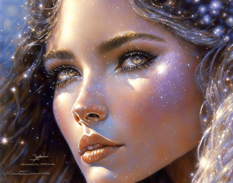 Cosmic-themed digital painting of a woman's face with detailed eyes