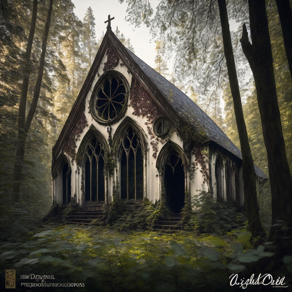 Abandoned Gothic-style church in misty forest with sunlight filtering through trees