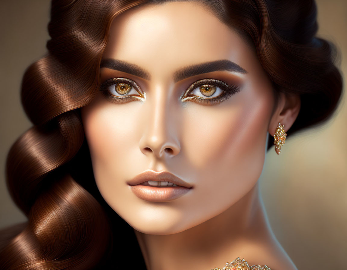 Portrait of woman with brown hair, dramatic makeup, and golden jewelry