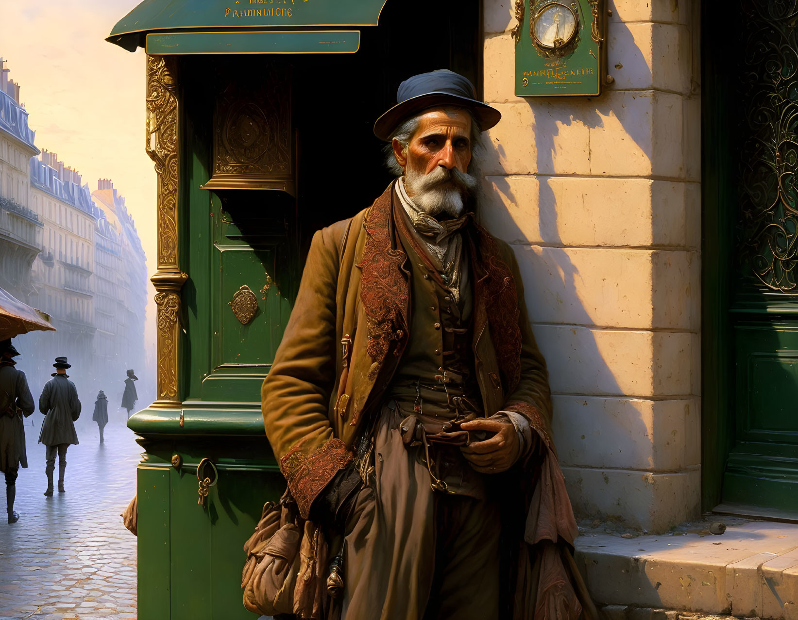 Elderly man in 19th-century attire on Parisian street with newsstand