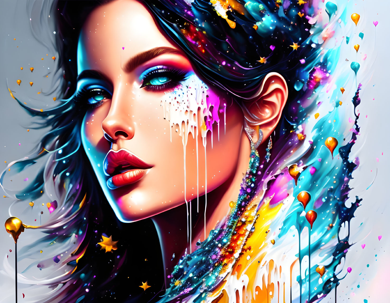 Vibrant cosmic woman with flowing hair and neon makeup