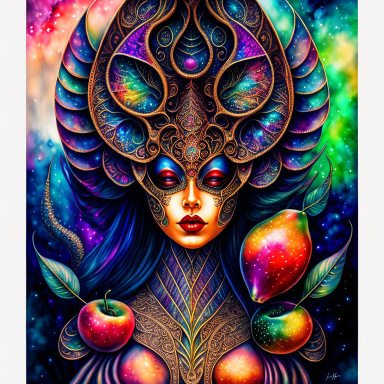 Vibrant woman illustration with cosmic patterns and mystical backdrop