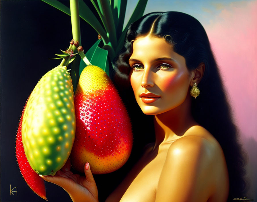 Woman with Dark Hair Holding Colorful Tropical Fruits Branch