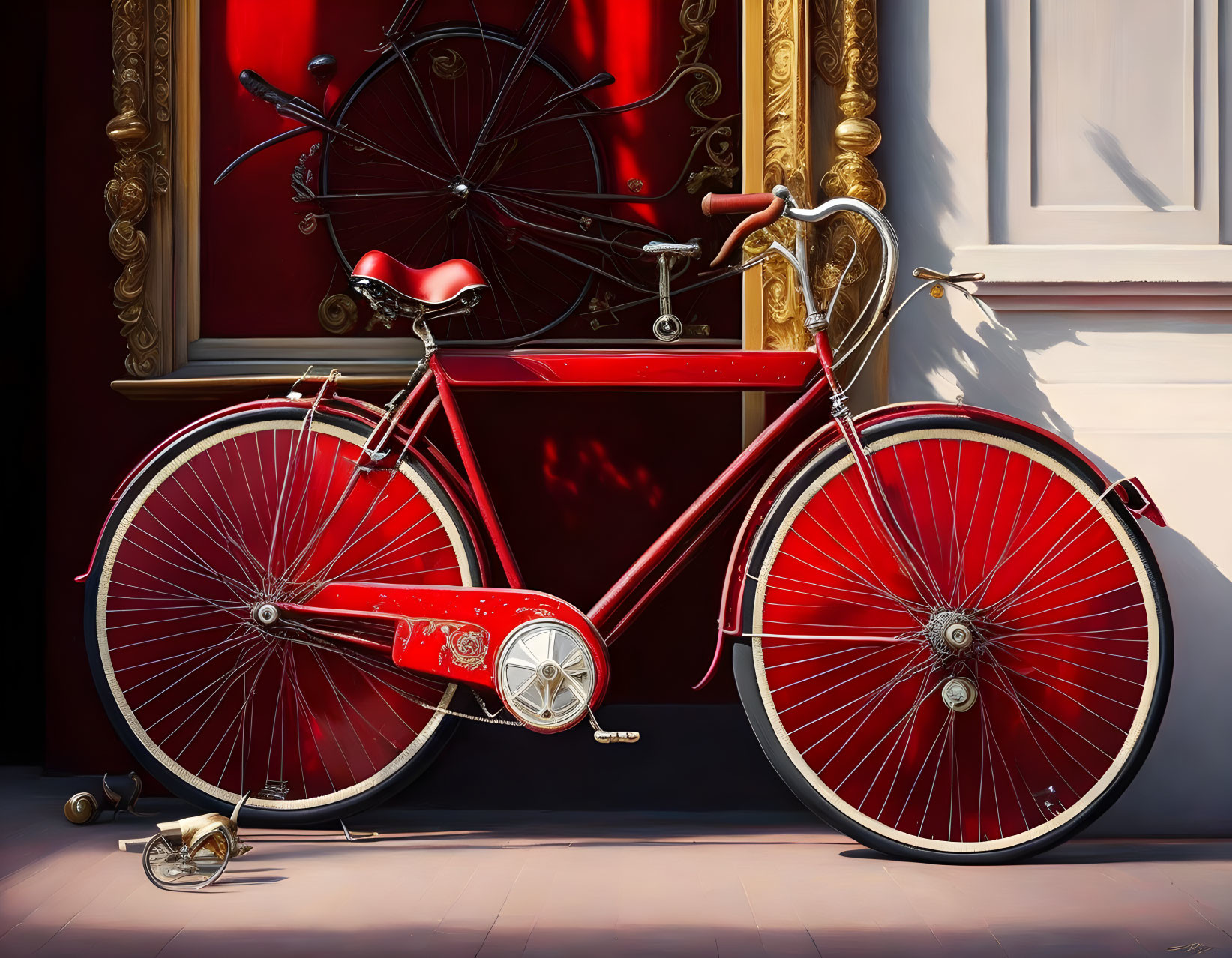 Vintage red bicycle by ornate door with gold patterns