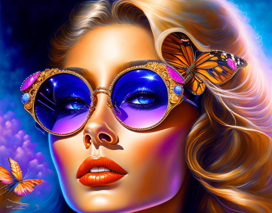 Stylized portrait: Woman with blue sunglasses, butterflies, golden hair, makeup, celestial backdrop