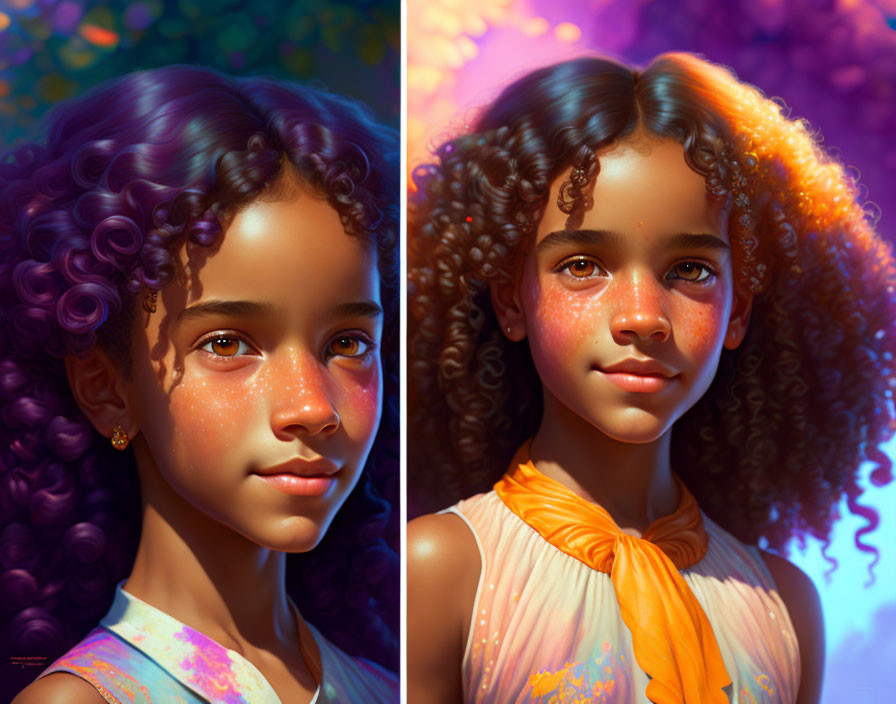 Digital portrait of young girl with curly hair in two vibrant color palettes