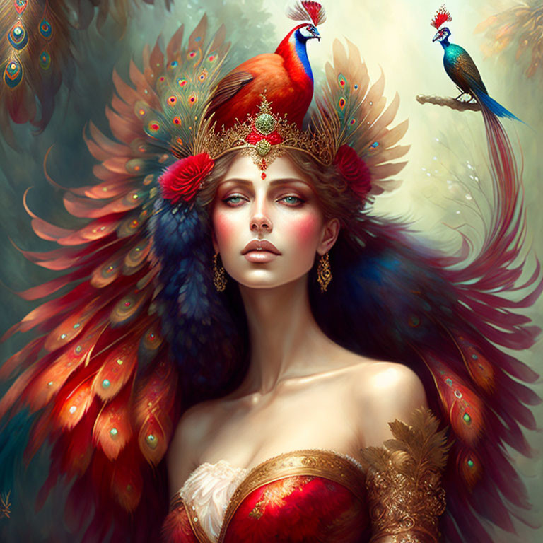 Ethereal woman with majestic peacock feather headdress