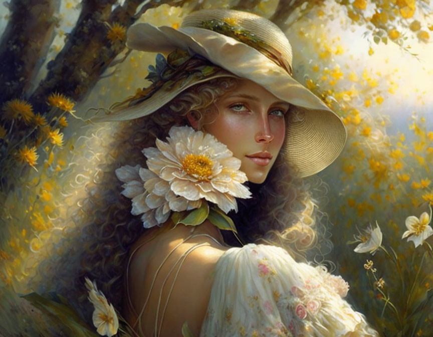 Woman with Hat Surrounded by Flowers in Serene Setting