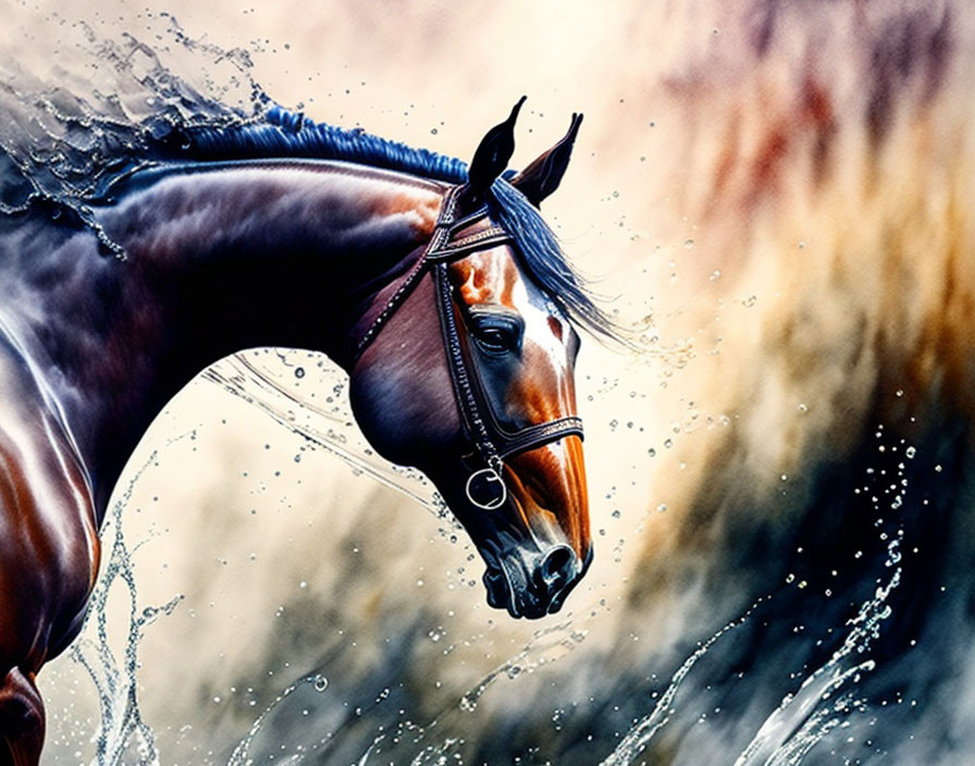 Brown horse mid-sprint with splashing water droplets on blurred background