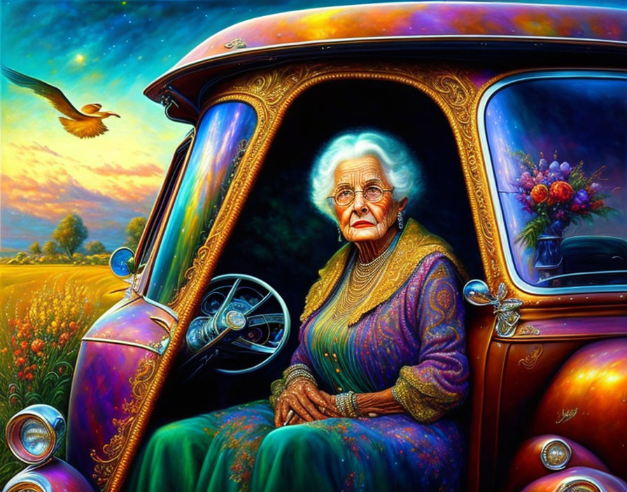 Elderly woman in glasses in vintage car with colorful sunset landscape