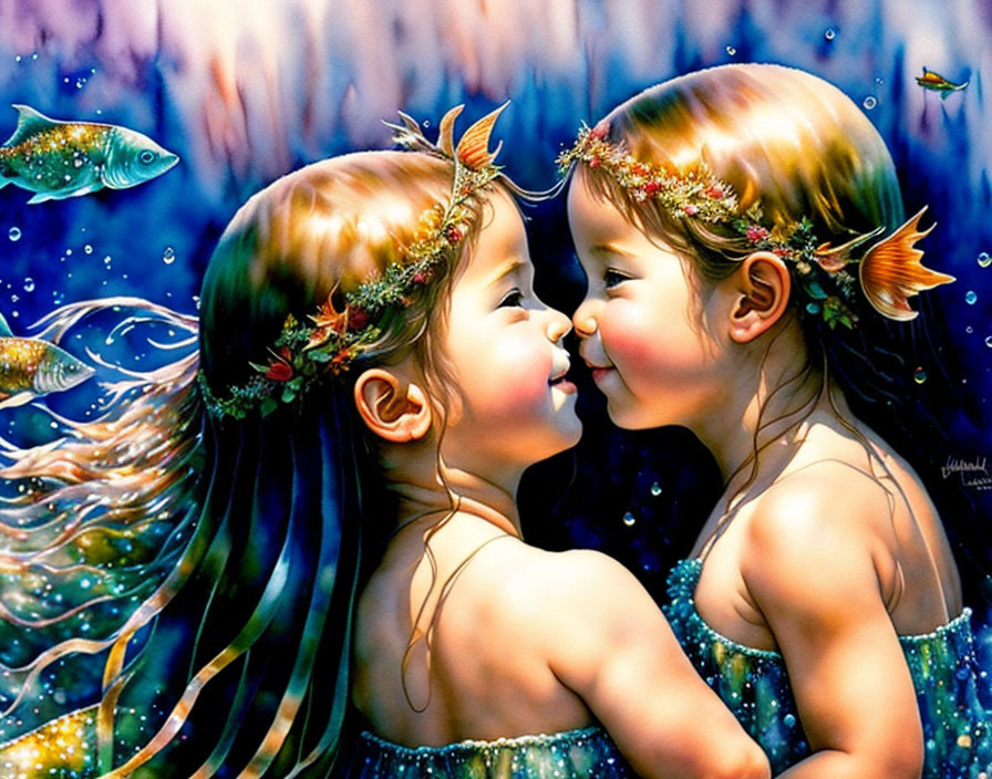 Illustrated young girls with floral crowns kissing in aquatic setting.