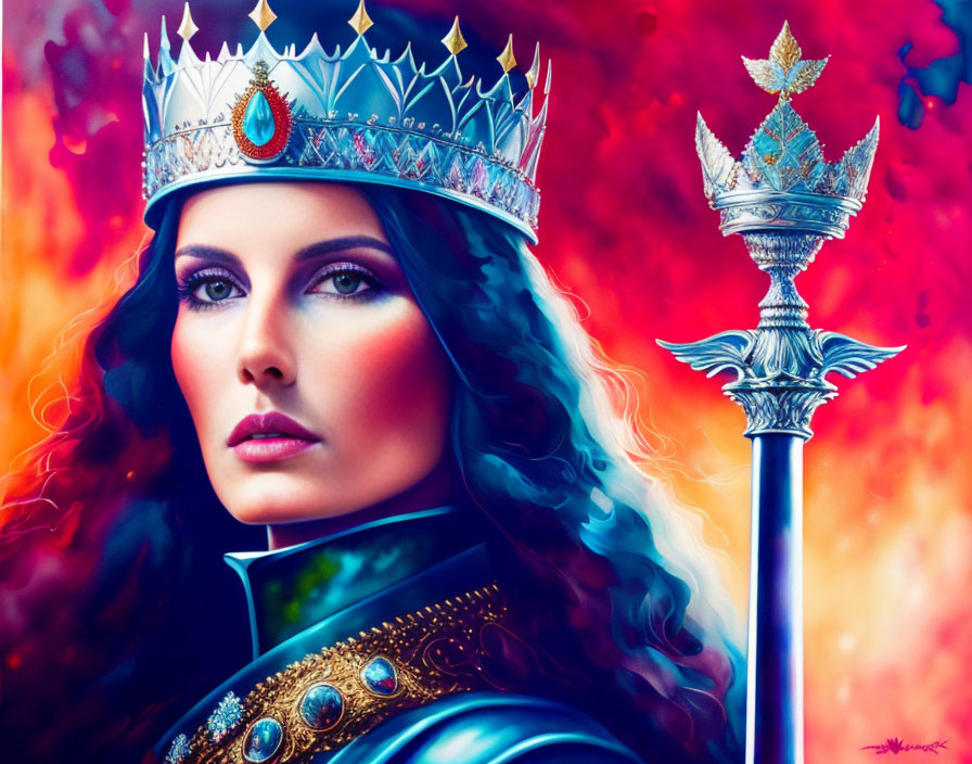 Digital artwork: Woman in crown and armor with scepter on red and purple backdrop