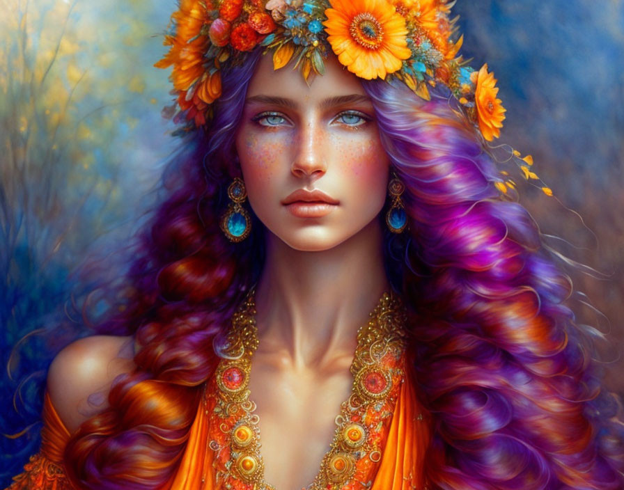 Vibrant purple hair woman with floral crown and orange attire