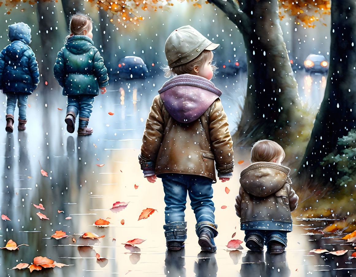 Three Children in Warm Coats in Magical Autumn Setting