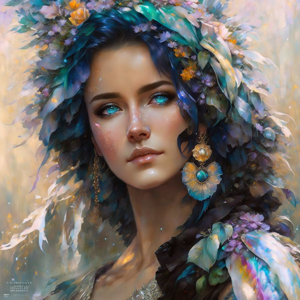 Digital painting of woman with bright blue eyes and floral headpiece in colorful attire