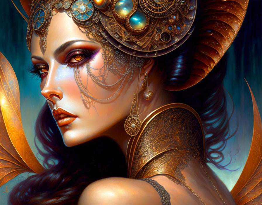 Digital art portrait of woman with ornate gold headgear, jewelry, and detailed makeup on turquoise backdrop