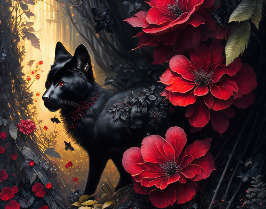 Black Fox Surrounded by Red Flowers in Mystical Forest Setting