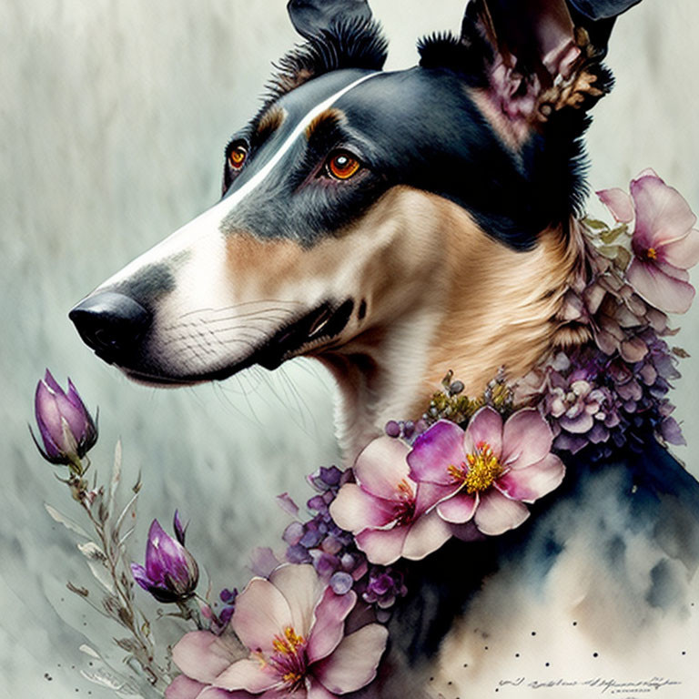 Realistic dog illustration with vibrant floral elements blending fantasy and whimsy