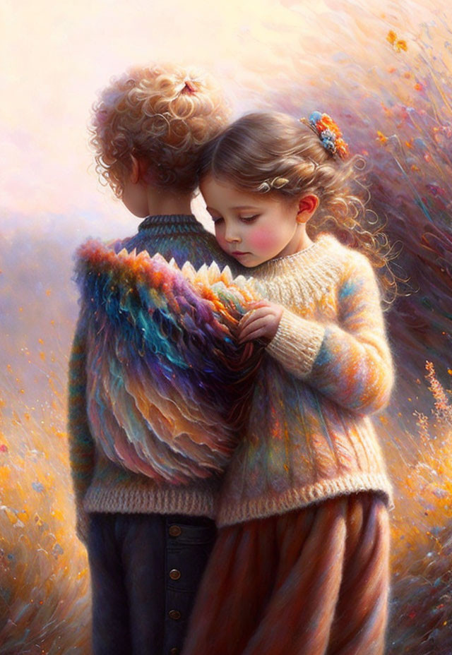 Children Embracing in Colorful Sweaters with Curly Hair and Flowers