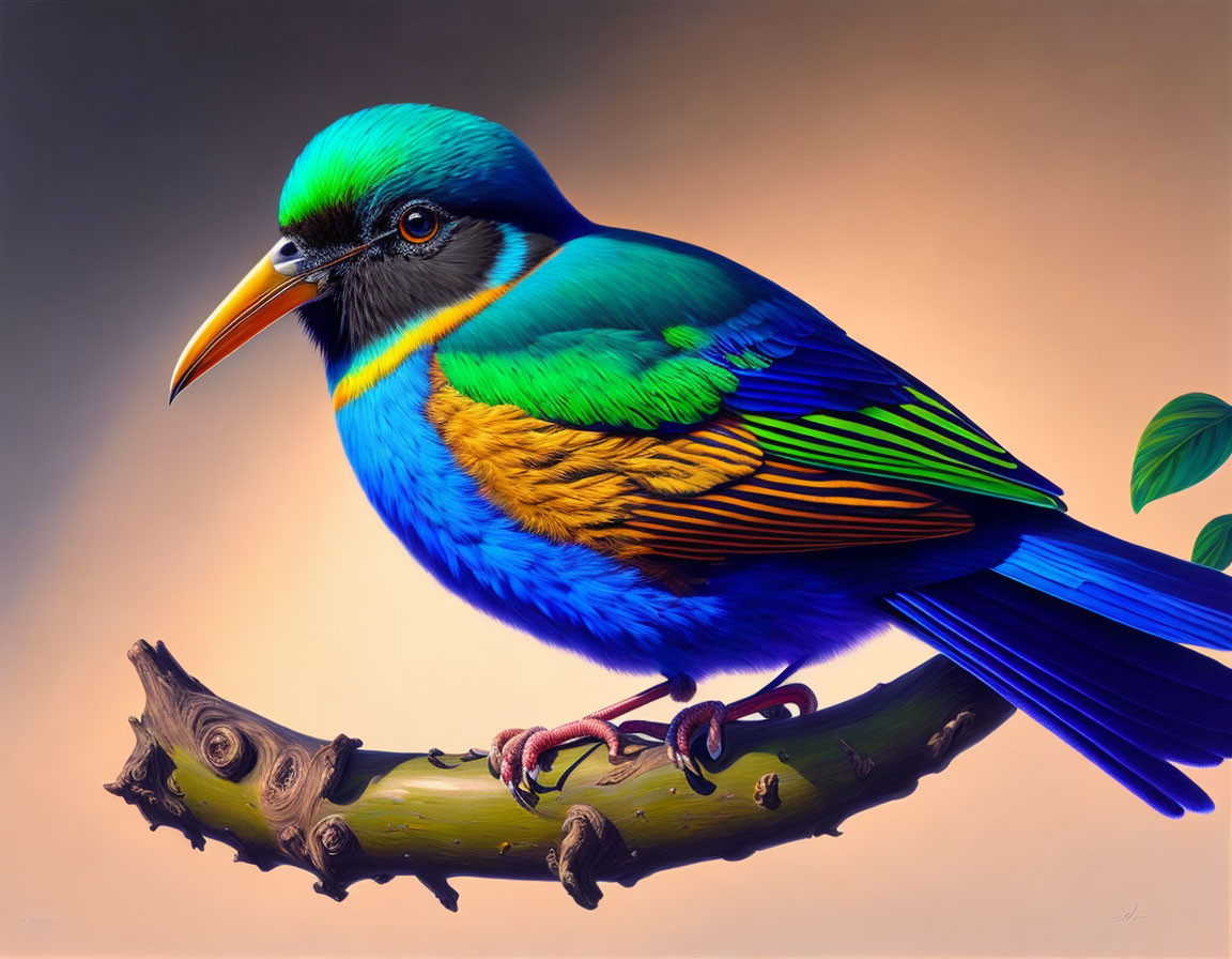 Colorful Bird with Blue, Green, and Yellow Feathers Perched on Branch