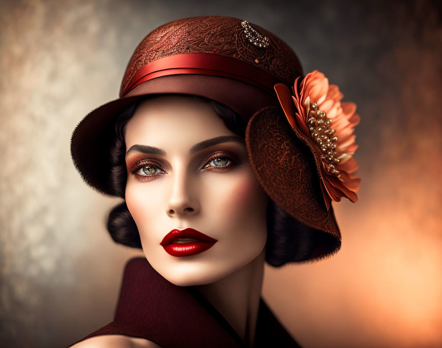 Vintage Woman Portrait in Maroon Hat with Striking Makeup