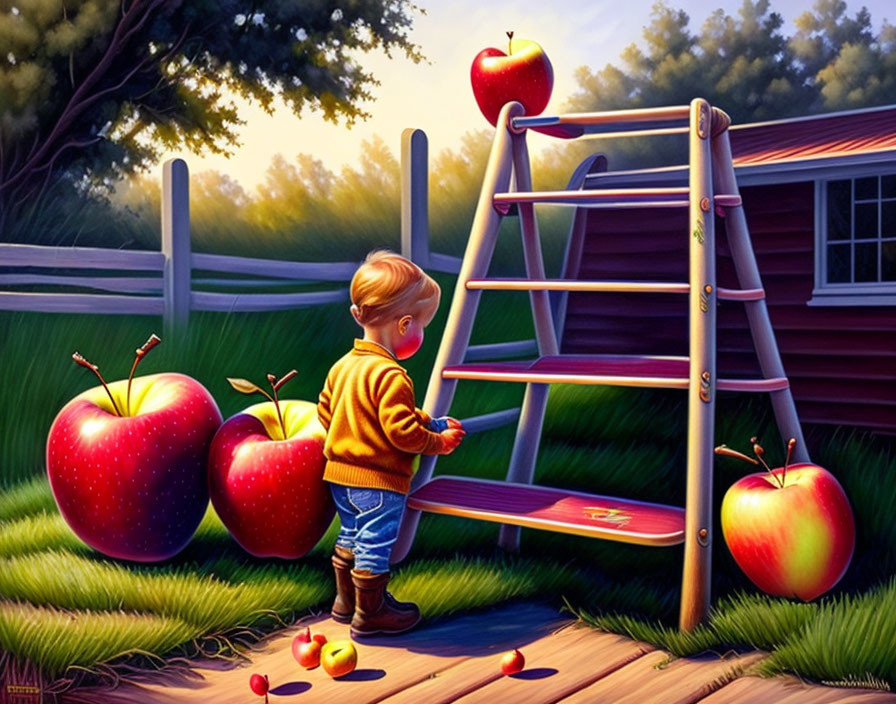 Child in Yellow Sweater Contemplating Giant Apples by Ladder at Sunset