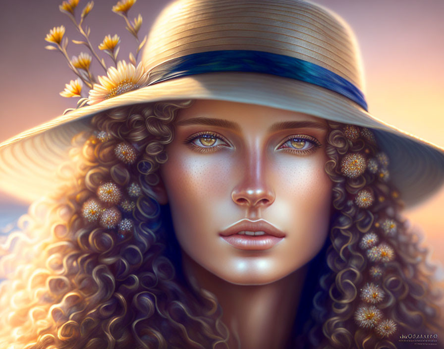 Golden Curly Haired Woman in Flowered Straw Hat Portrait