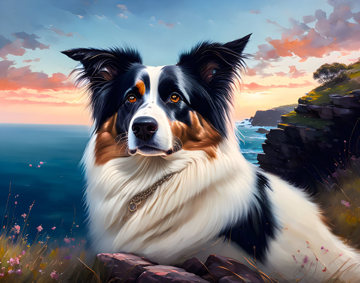 Thoughtful Border Collie at Sunset Seaside Cliff with Wildflowers