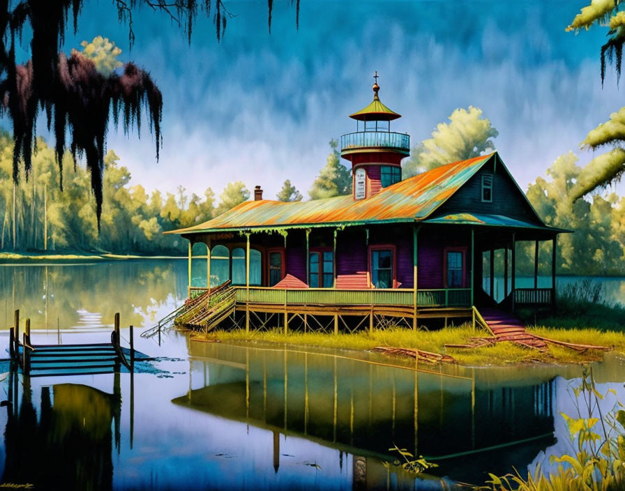 Vibrant illustration of lighthouse by tranquil lake