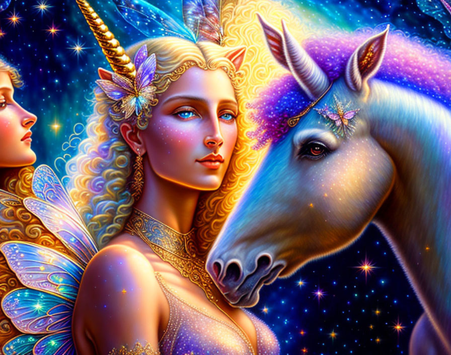 Fantasy illustration of woman with unicorn and fairy features in cosmic setting