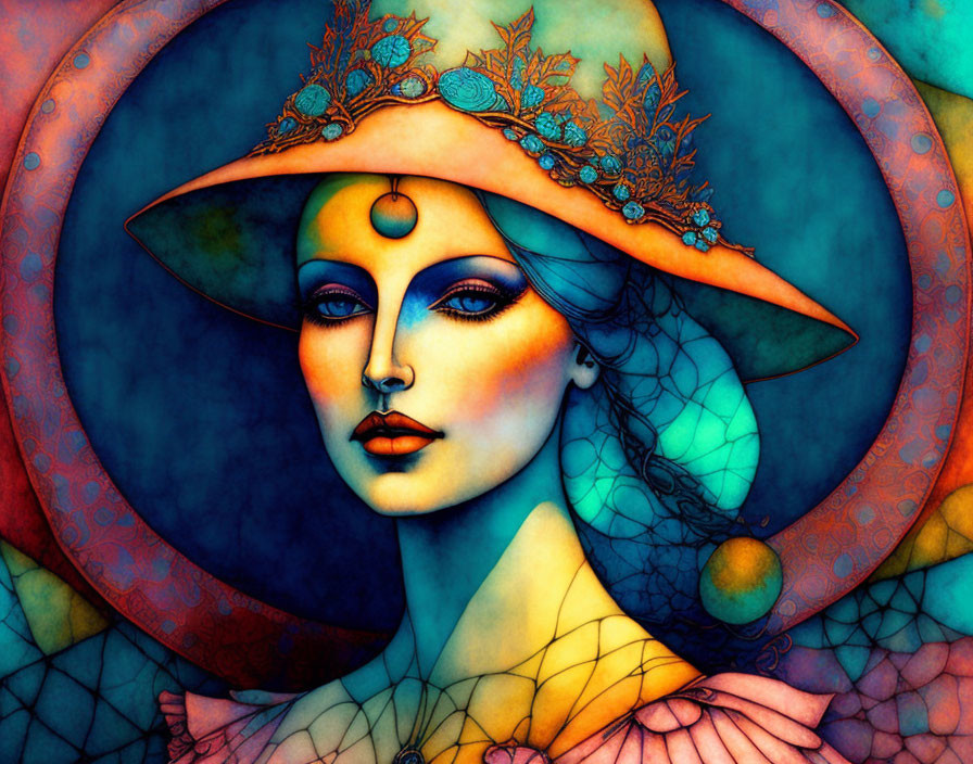 Colorful illustration of a woman with blue skin and ornate hat against vibrant backdrop