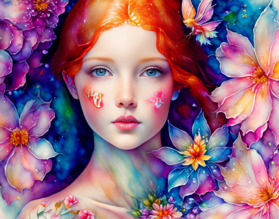 Illustration of a girl with red hair and floral patterns on colorful background