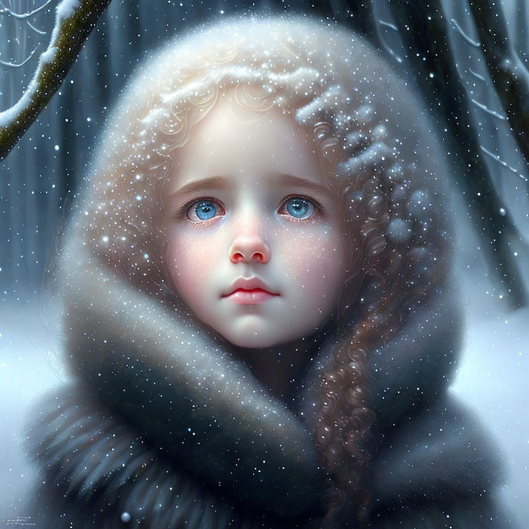 Child in fur-lined hood with blue eyes in snowy setting