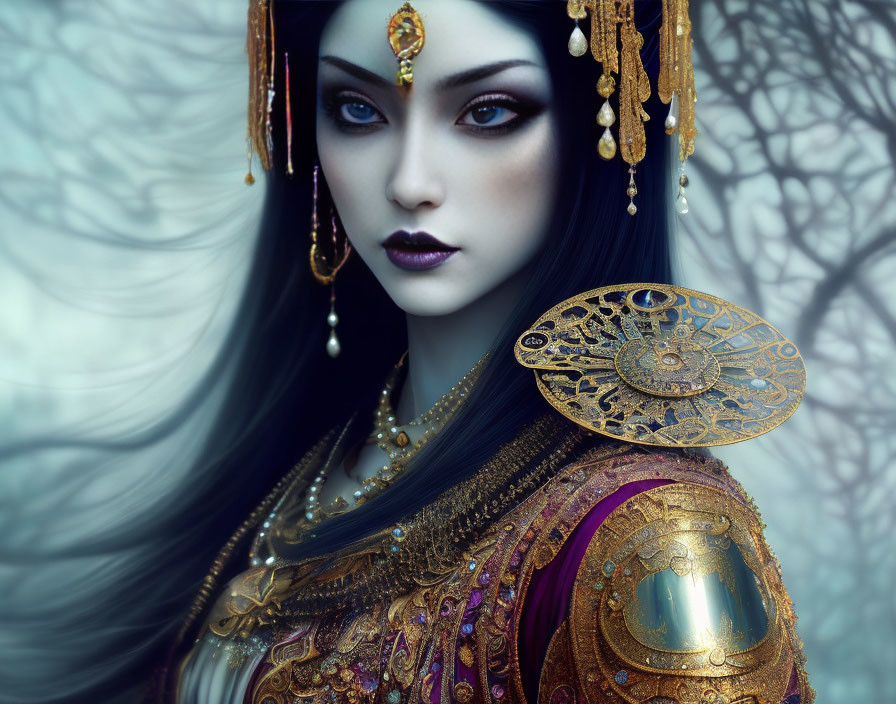 Elaborate Golden Headdress and Jewelry on Mystical Woman