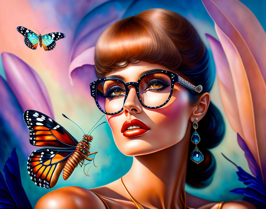 Colorful Illustration of Stylized Woman with Retro Glasses and Butterflies