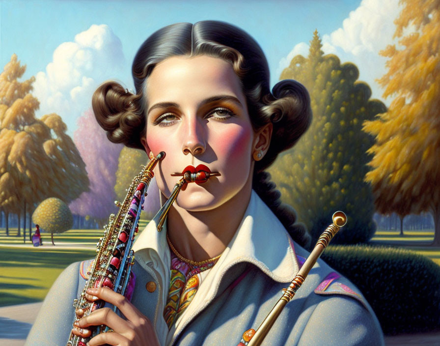 Vintage hair woman with rose and woodwind instruments in serene forest setting