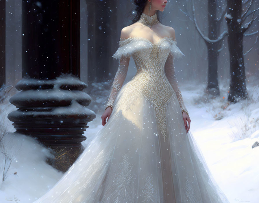 Elegant person in white gown with gold details in snowy forest